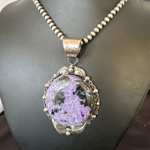 Navajo Purple Charoite Pendant with Pearls | Sterling Silver Necklace | Authentic Native American Handmade | 17154
