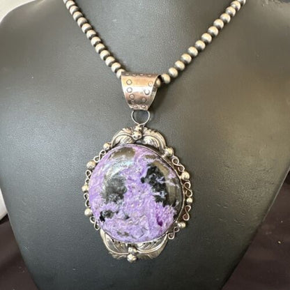 Navajo Purple Charoite Pendant with Pearls | Sterling Silver Necklace | Authentic Native American Handmade | 17154