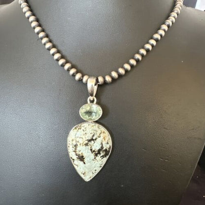 Navajo Dry Creek Turquoise Topaz Pendant Necklace | Sterling Silver | Authentic Native American Handmade | 16309