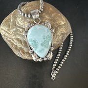 Navajo Blue Larimar Pendant Necklace | Sterling Silver Beads | Authentic Native American Handmade | 15222