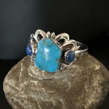 Kingman Turquoise Lapis Cuff Bracelet | Navajo Sterling Silver Tufa Cast | Authentic Native American Handmade | 16781