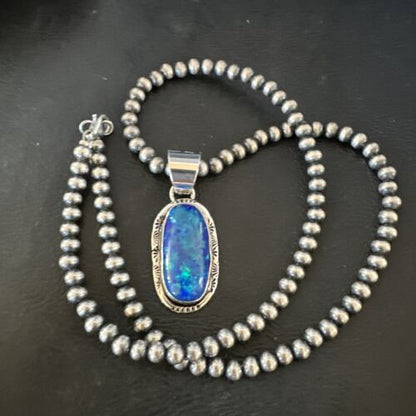 Men's Women's Blue Fire Opal Navajo Pendant | Sterling Silver | Authentic Native American Handmade | 16482