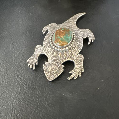 Navajo Royston Green Turquoise Horny Toad Pin | Handmade Stamped | Authentic Native American | LC 15496