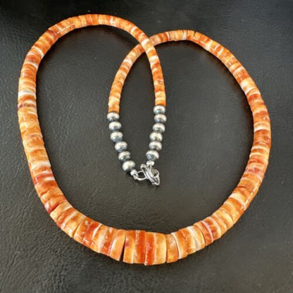 Navajo Graduated Orange Spiny Oyster Necklace | Sterling Silver | Authentic Native American | 18" | 16264
