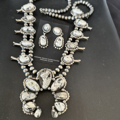 Navajo White Buffalo Turquoise Pendant | Sterling Silver Naja Squash Blossom Necklace | 17442