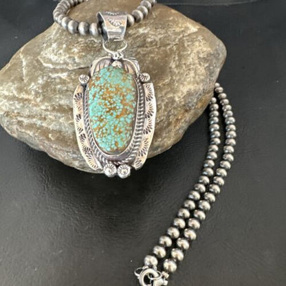 Navajo Blue Turquoise #8 Pendant | Sterling Silver Necklace with Pearls | Authentic Native American Handmade | 15904