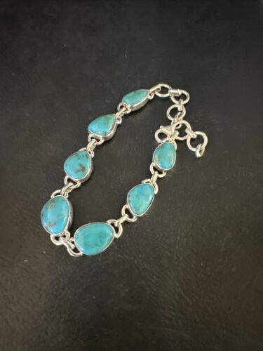 Navajo Blue Turquoise Link Bracelet | Sterling Silver | 8" | Authentic Native American Handmade | 15475