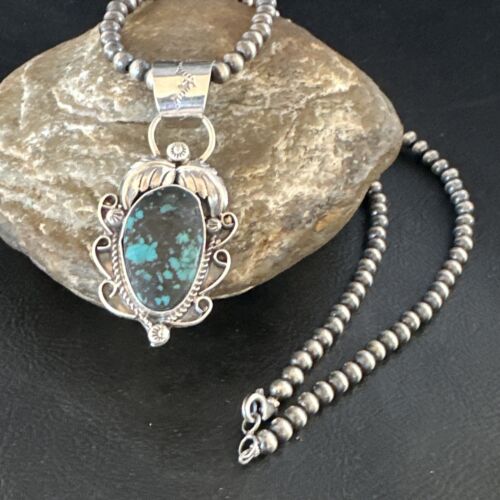 Navajo Blue Spiderweb Turquoise Pendant Necklace | Sterling Silver | Native American Handmade | 15096