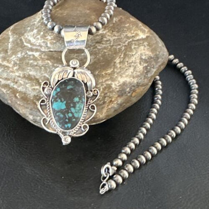Navajo Blue Spiderweb Turquoise Pendant Necklace | Sterling Silver | Native American Handmade | 15096