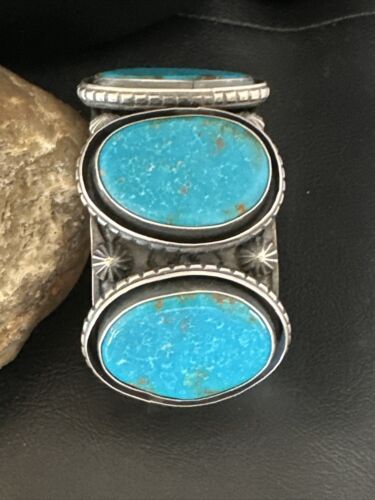 XL Men's Kingman Turquoise 3 Stone Cuff Bracelet | Navajo Sterling Silver | Authentic Native American Handmade | 15851