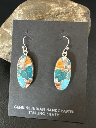 Navajo Blue Turquoise & Orange Spiny Oyster Inlay Dangle Earrings | Sterling Silver | 15586