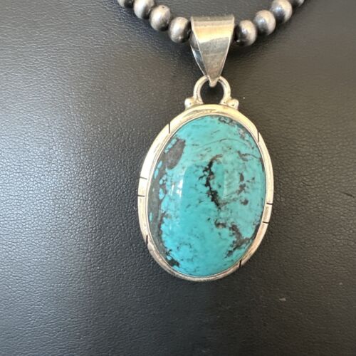 Men's Navajo Blue Spiderweb Turquoise Pendant Necklace | Sterling Silver | Authentic Native American Handmade | 16226