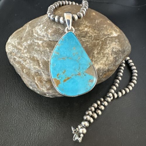 Blue Kingman Turquoise Pendant | Navajo Pearls | Sterling Silver Necklace 20" | 16999