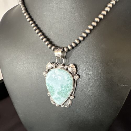 Navajo Blue Larimar Pendant Necklace | Sterling Silver Beads | Authentic Native American Handmade | 15222