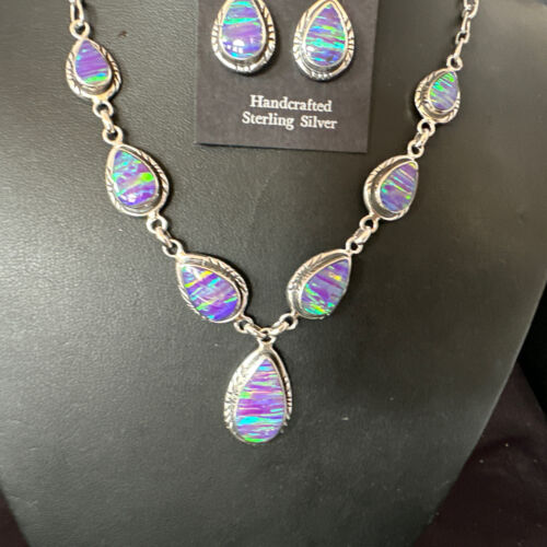 Navajo Purple Opal Lariat Necklace Set | Sterling Silver Pendant & Earrings | Authentic Native American Handmade | 16258 - Masha USA