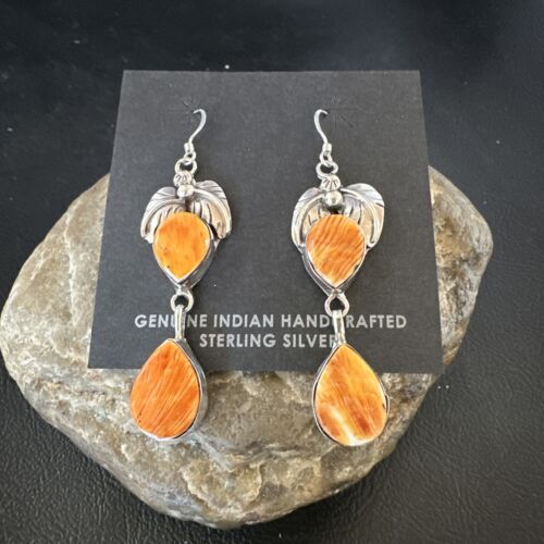 Navajo Orange Spiny Oyster Dangle Earrings | Sterling Silver | 1.5" | Authentic Native American Handmade | 16570