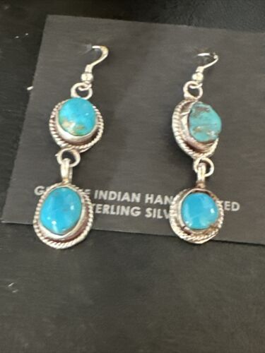 Kingman Turquoise Dangle Earrings | Navajo Sterling Silver | Authentic Native American Handmade | 14865