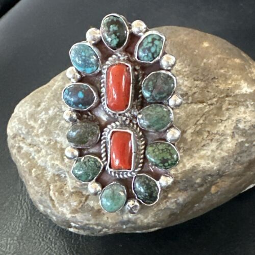 Navajo Spiderweb Turquoise Coral Cluster Ring | Authentic Native American Sterling Silver | Multi-Stone | Sz 10 | 17183