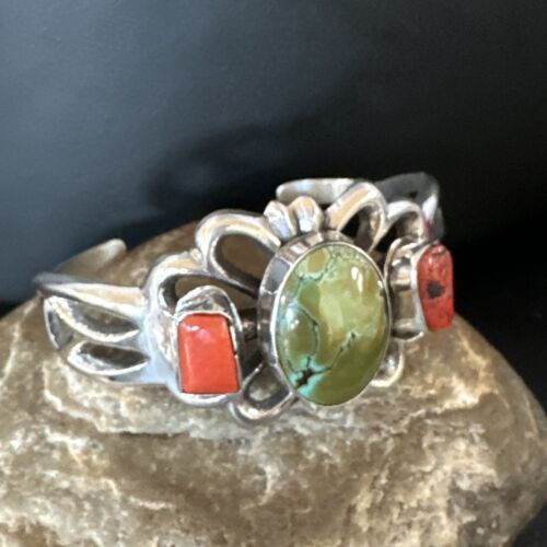 Royston Turquoise Coral Cuff Bracelet | Navajo Tufa Cast | Sterling Silver | Authentic Native American Handmade | 16778