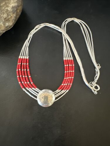 Navajo Concha Red Coral Heishi Necklace | 5 Strand Liquid Sterling Silver | 20" | 15878