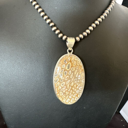 Navajo Champagne Fossil Coral Pendant Necklace | Sterling Silver Beads | Native American Handmade | 16371