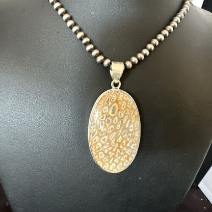 Navajo Champagne Fossil Coral Pendant Necklace | Sterling Silver Beads | Native American Handmade | 16371