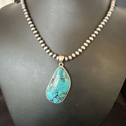 Men's Navajo Blue Spiderweb Turquoise Pendant Necklace | Sterling Silver | Authentic Native American Handmade | 16219