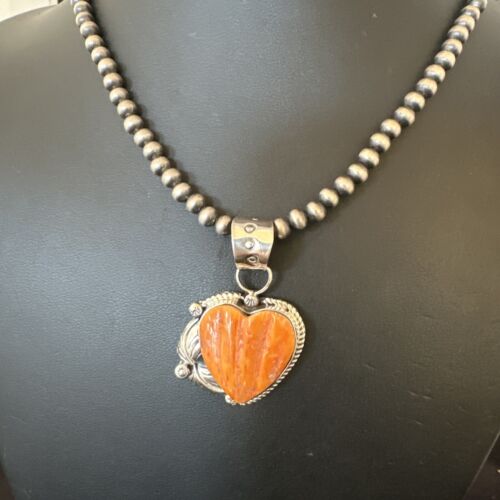 Navajo Orange Spiny Oyster Heart Pendant Necklace | Sterling Silver | Authentic Native American Handmade | 16413