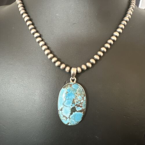 Navajo Blue Spiderweb Turquoise Pendant Necklace | Sterling Silver | Authentic Native American Handmade | 17019