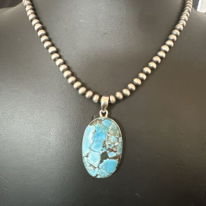Navajo Blue Spiderweb Turquoise Pendant Necklace | Sterling Silver | Authentic Native American Handmade | 17019