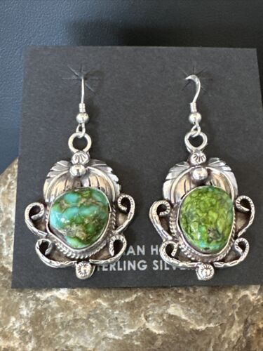 Navajo Green Sonoran Gold Turquoise Dangle Earrings | Sterling Silver | Authentic Native American Handmade | 14914