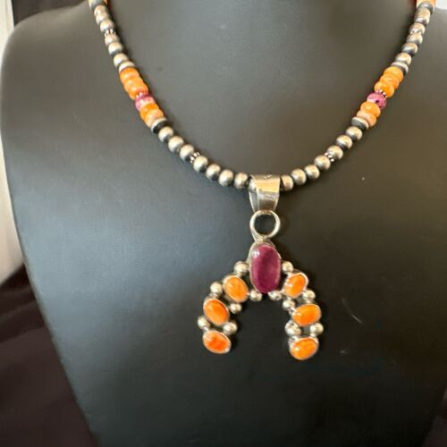 Navajo Pearls Orange Spiny Oyster Naja Pendant | Sterling Silver Necklace | Authentic Native American Handmade | 16802