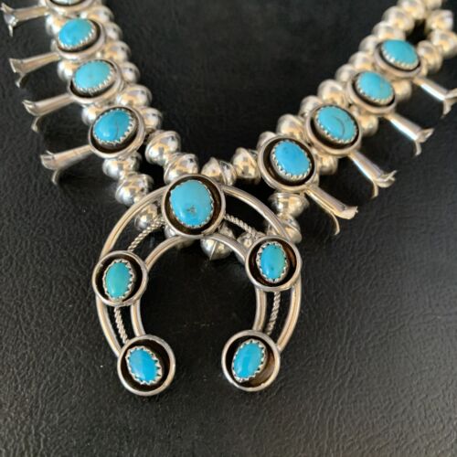 Navajo Kingman Turquoise Shadowbox Squash Blossom Necklace | Sterling Silver | Native American Handmade | 13677