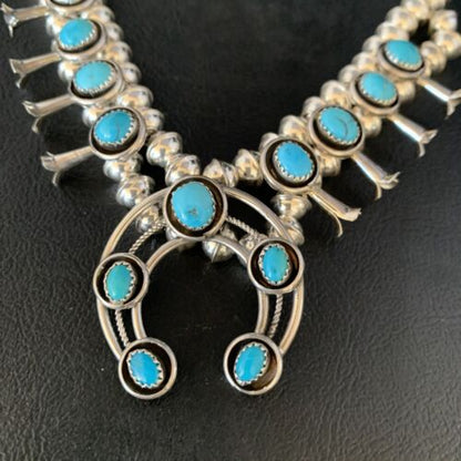 Navajo Kingman Turquoise Shadowbox Squash Blossom Necklace | Sterling Silver | Native American Handmade | 13677
