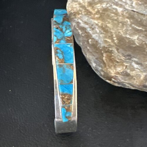 Navajo Men's Blue Mojave Turquoise Inlay Bracelet | Sterling Silver | Authentic Native American Handmade | 15065