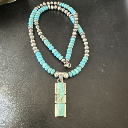 Turquoise #8 Inlay Pendant Necklace | Navajo Sterling Silver | Authentic Native American Handmade | 17121