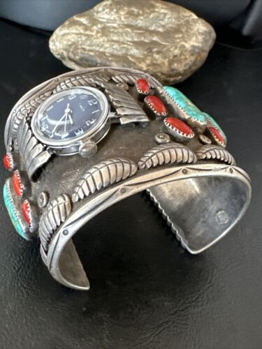 Navajo Men's Women's Royston Turquoise Coral Watch Cuff Bracelet | Sterling Silver | Authentic Native American | XL | 15850