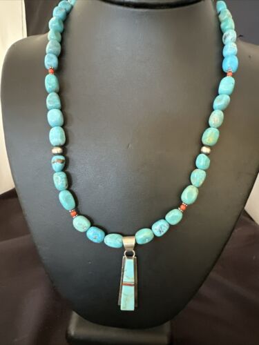 Navajo Blue Turquoise Inlay Pendant Necklace | Sterling Silver | 19" | Authentic Native American Handmade | 17491