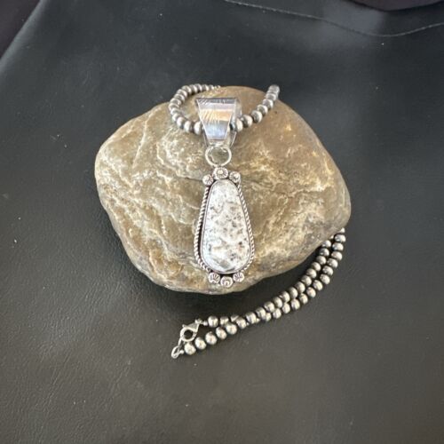 Men's White Buffalo Turquoise Pendant Necklace | Navajo Pearl Sterling Silver | 17045