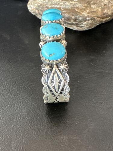 Navajo Blue Kingman Turquoise Cuff Bracelet | Sterling Silver | 5 Stone Design | Women's Jewelry | Authentic Native American Handmade