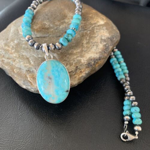 Navajo Pearls Necklace with Blue Kingman Turquoise Pendant | Sterling Silver | 11863