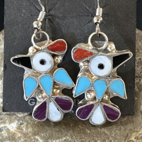 Zuni Peyote Bird Earrings | Coral Turquoise Onyx Inlay | Sterling Silver | 17137