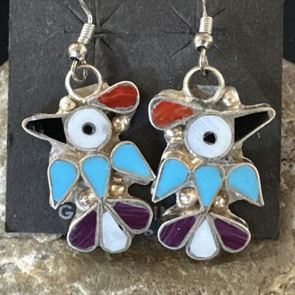 Zuni Peyote Bird Earrings | Coral Turquoise Onyx Inlay | Sterling Silver | 17137