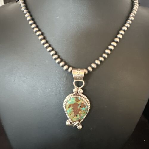 Navajo Blue Turquoise Pendant Necklace | Sterling Silver Pearls | Authentic Native American Handmade | 15654