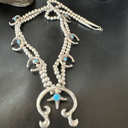 Navajo Blue Turquoise Naja Pendant Squash Blossom Necklace | Sterling Silver | Authentic Native American Handmade | 16172