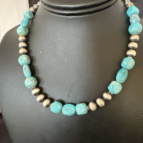 Navajo Blue Turquoise Nugget Necklace | Sterling Silver Pearls | Authentic Native American Handmade | 16" | 16655