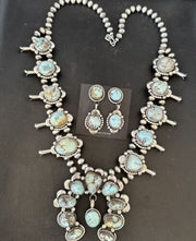 Navajo Blue Golden Hills Turquoise Squash Blossom Necklace & Earrings | Sterling Silver | 17211