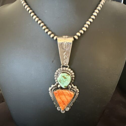 Navajo Green Royston Turquoise | Spiny Pendant Necklace | Sterling Silver | Native American Handmade | 17013