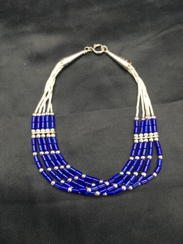 Navajo Lapis Heishi Bracelet | Sterling Liquid Silver | 5-Strand | 7" | Authentic Native American Handmade | 2934