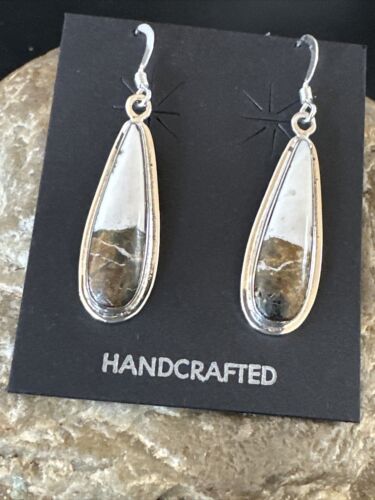 Navajo White Buffalo Turquoise Dangle Earrings | Sterling Silver | Authentic Native American Handmade | 16521